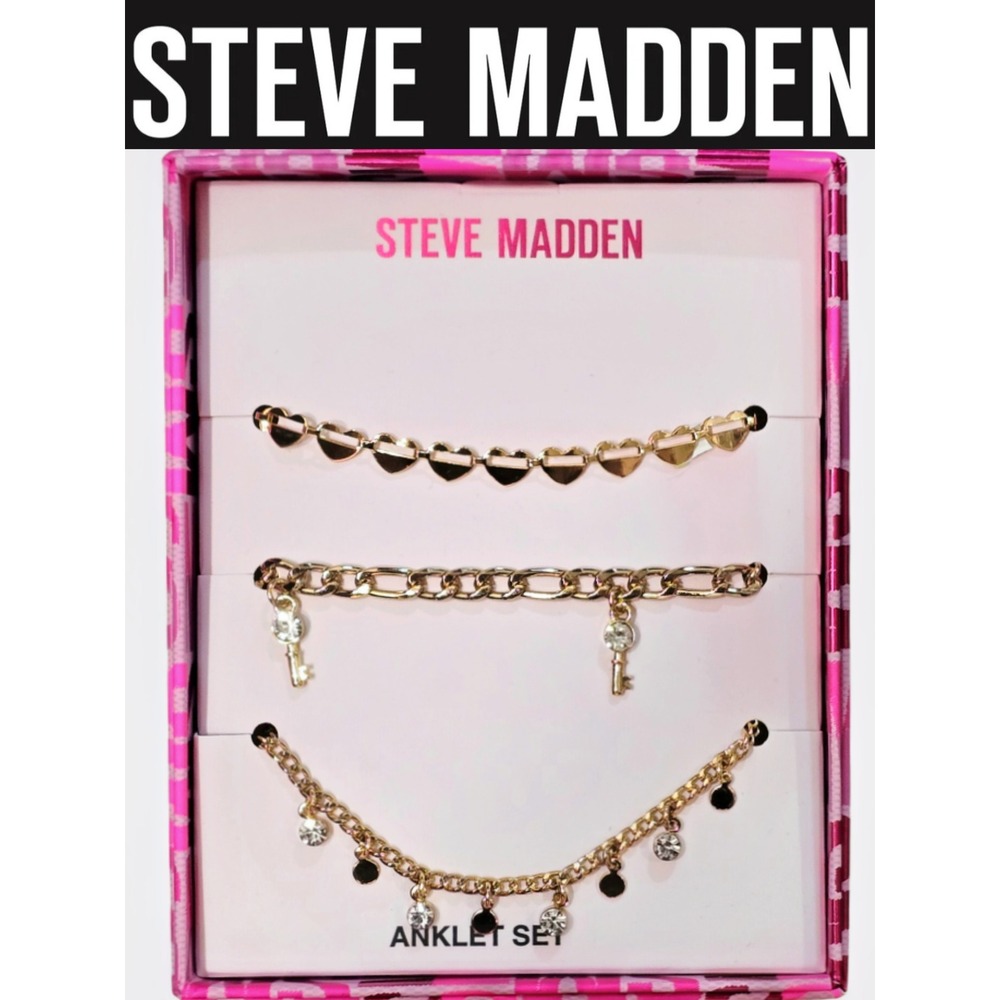 Steve Madden 3-PC Heart, Key & Rhinestone Droplet Anklet Set